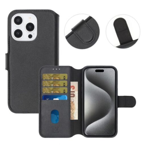 RV Genuine leather Wallet Case iPhone 16 Pro Black